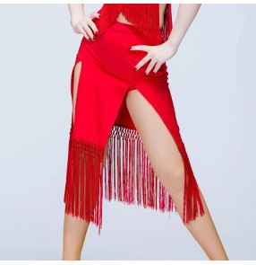 Black red fringes sexy fashion girls women's  split tassels competiiton performance gymnastics leotards latin salsa cha cha rumba samba dance skirts